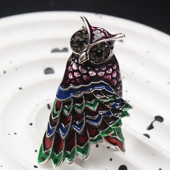 Owl Brooch Enamel Rhinestone Pin SIlver Bird Gems Sassy Trendy Stylish Glam Fun - Picture 3 of 4
